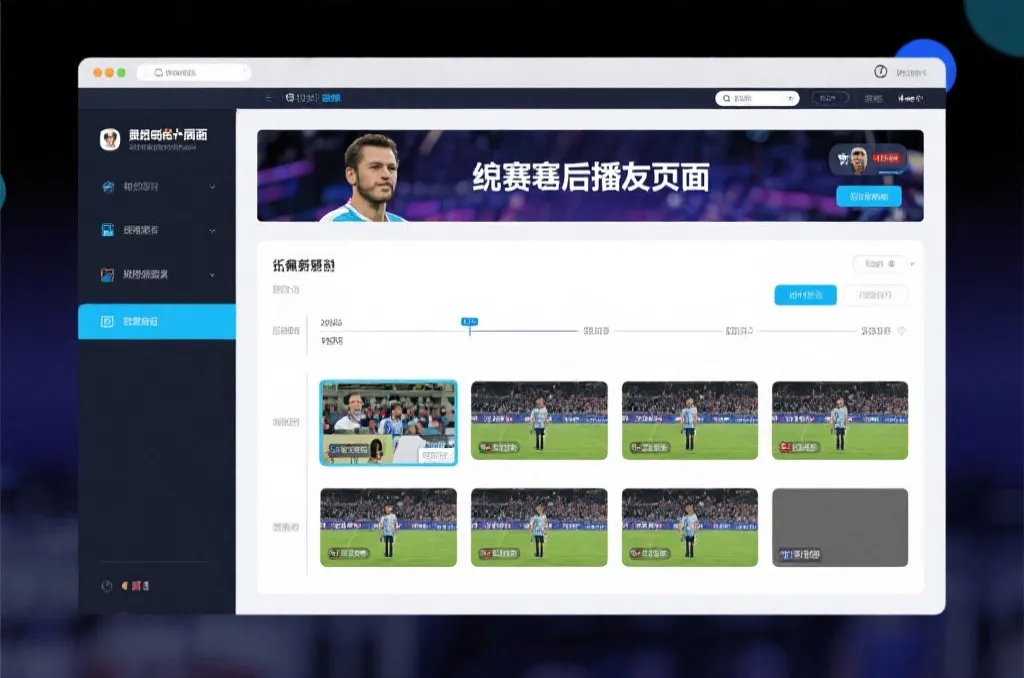 比赛结束后，电视屏幕展示集锦回放页面，旁边有时间轴和多角度切换提示